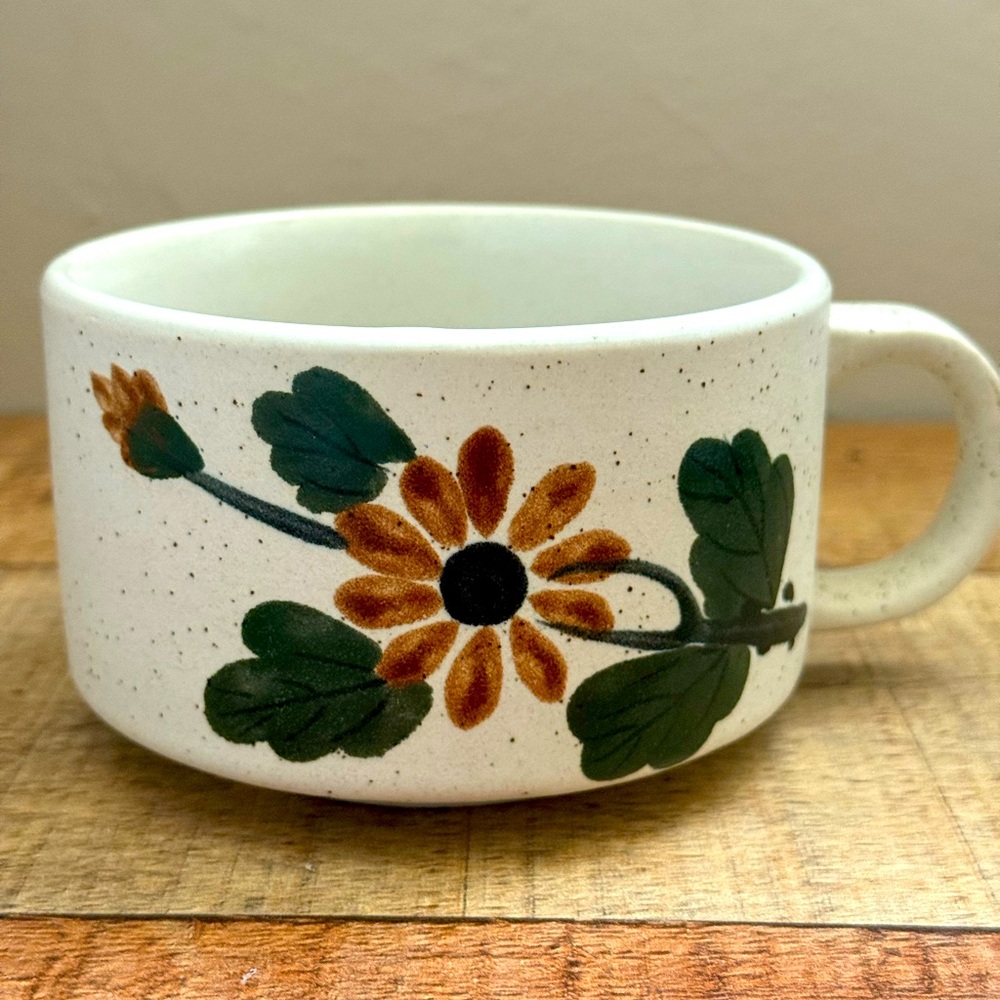 Vintage 1970s MCM Hand Painted Floral Stoneware Soup Mug Speckled Pottery